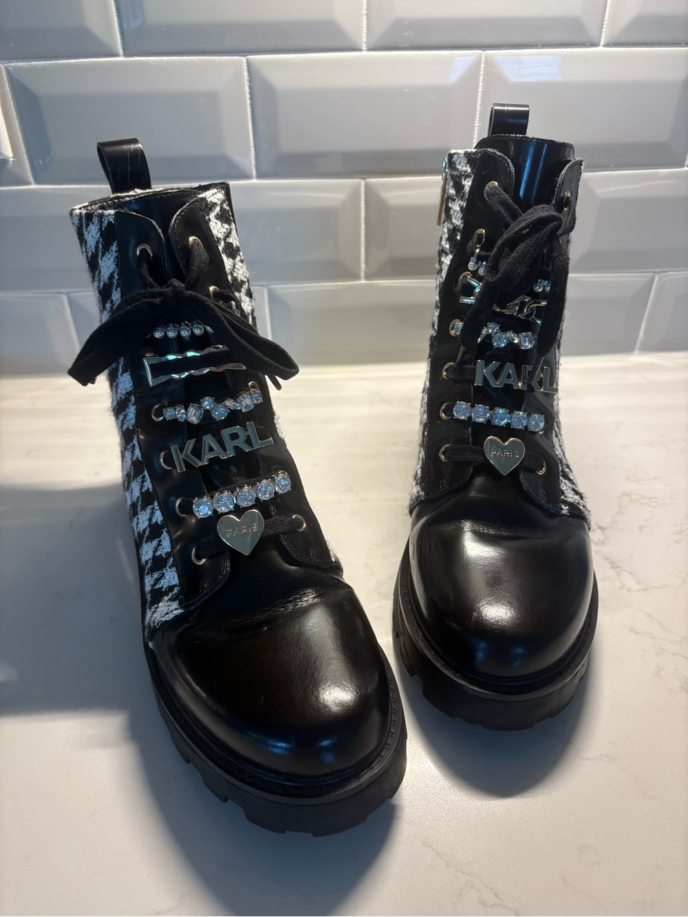 Karl Lagerfeld Black and White Houndstooth Leather Combat Booties
